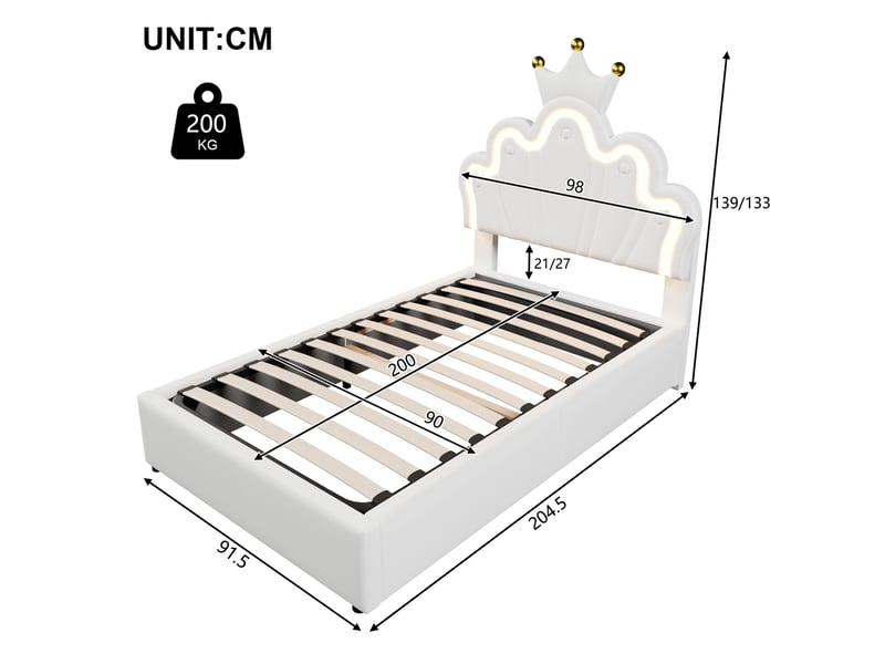 Lit 90x200 cm avec led, rangement hydraulique, tête réglable, blanc et rose - Conforama C