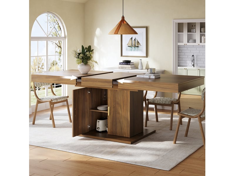  Table à manger extensible 140-180x90x75.2 cm, panneau de fibres et cadre métal finition marron, avec rangement intégré et portes rainurées verticalement  - Conforama B