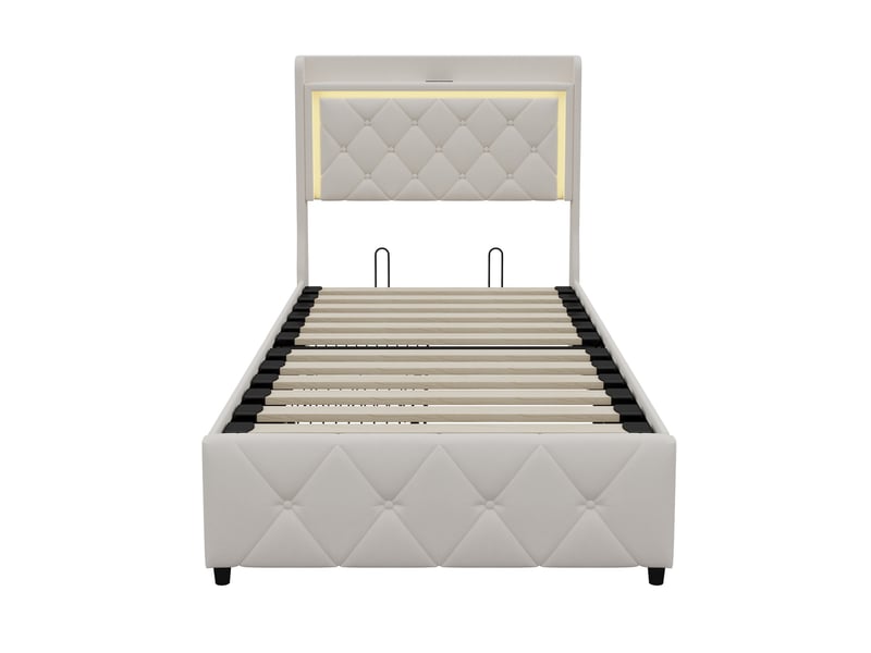  Lit avec 2 tiroirs 90x200, éclairage led et ports usbtype-c, lit simple, cadre de lit rembourré en velours avec tête de lit capitonnée et étagère, beige  - Conforama D