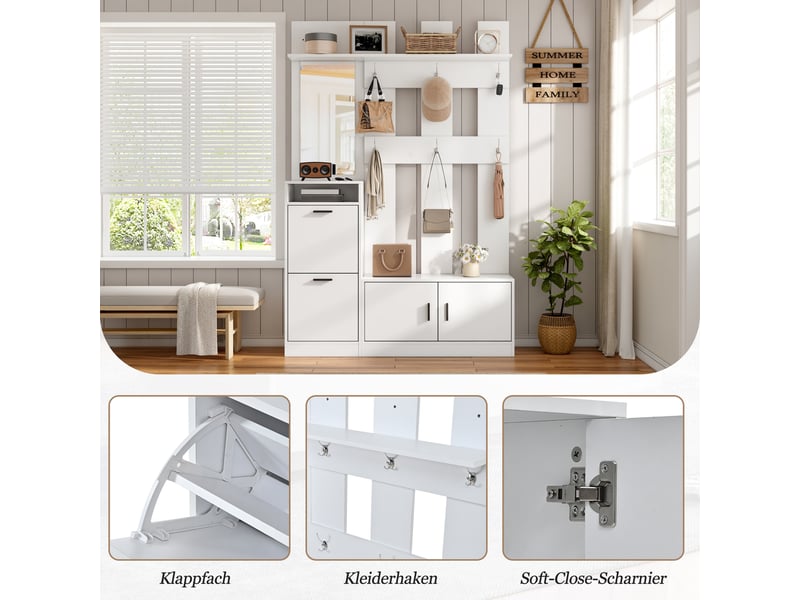  Meuble d’entrée blanc 120 × 30 × 180 cm en panneau de fibres, miroir intégré, confort quotidien, style moderne  - Conforama D