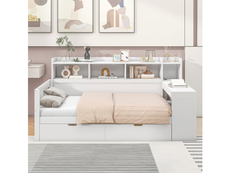 Lit enfant 90 x 200 cm rangement 2 tiroirs bureau intégré prise et usb panneaux particules mdf blanc sans matelas - Conforama B