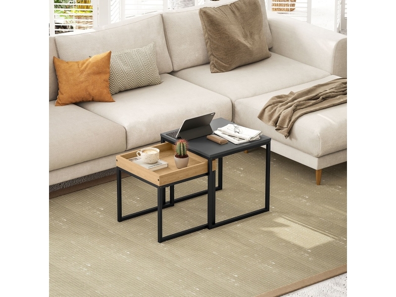  Lot de 2 tables basses gigognes carrées noires en mdf et acier  - Conforama D
