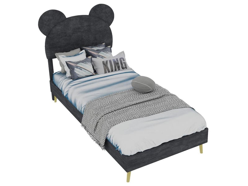 Lit rembourré moderne 90x200 cm avec tête de lit cartoon velours cadre bas chambre enfant ado, sans matelas, gris - Conforama R