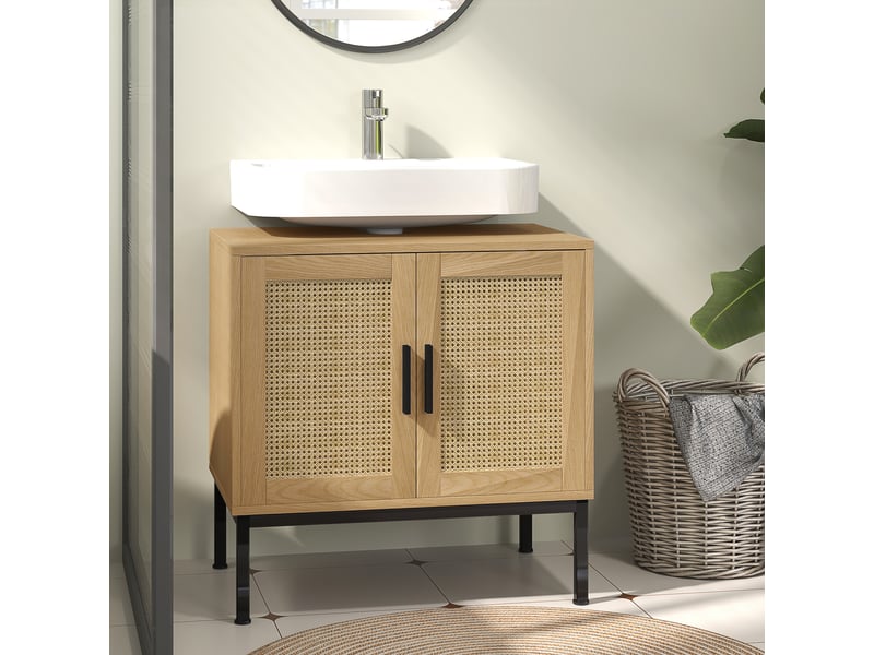  Meuble sous vasque style bohème, effet chêne et rotin, découpe en u, 60 x 39 x 60 cm  - Conforama C