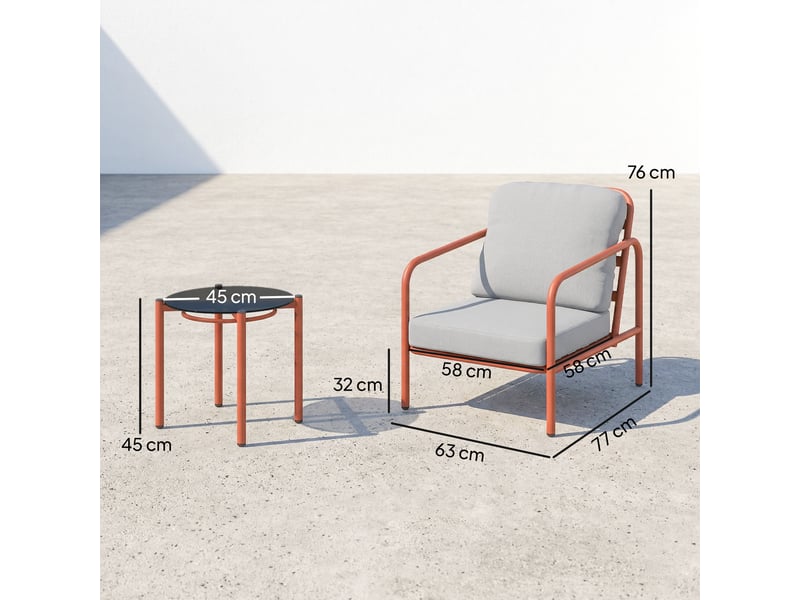  Salon de jardin 3 pièces, 2 fauteuils, 1 table basse, coussins épais, plateau en verre trempé, 63x77x76cm, rouge vineux  - Conforama E