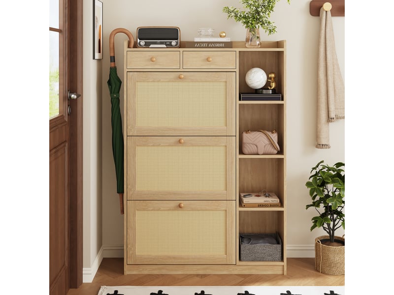 Meuble à chaussures étroit 90x24x130 cm avec 3 portes abattantes rotin et 2 tiroirs, couleur naturel  - Conforama W