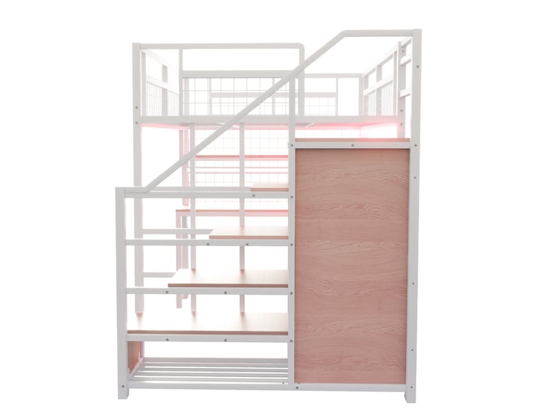 Lit mezzanine enfant 140x200 cm – blanc – bureau, escalier rangement, armoire, éclairage et prise - sans matelas - Conforama E