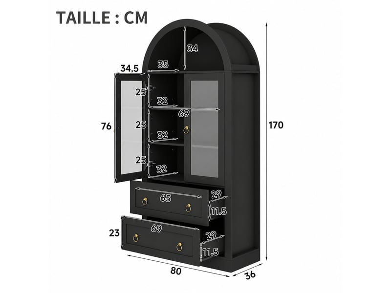  Meuble de cuisine muvano, buffet haut avec portes vitrées, arche noire et 2 tiroirs, 80 × 36 × 170 cm  - Conforama W