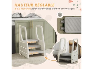 Marchepied enfant escabeau 3 marches pour enfants hauteurs réglables de 3 à 2 marches gris 43 x 42 x 65,5 cm