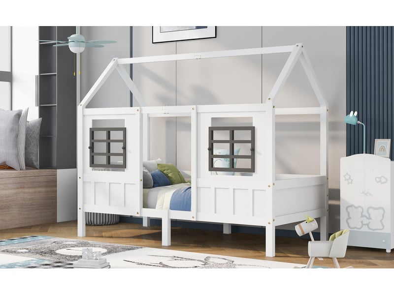  Lit cabane 90x200cm avec 2 tiroirs, lit simple avec cadre de lit en pin, blanc, lit enfant  - Conforama W
