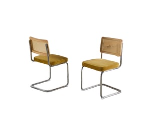 Lot de 2 chaises de salle à manger – velours jaune, dossier rotin, base chrome - chaise idéales pour cuisine et salle à manger - style vintage