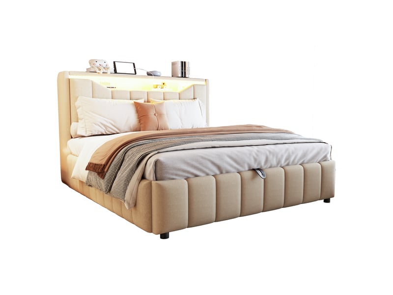  Lit coffre modenvie 140 x 200 cm rembourré avec rangement hydraulique led usb et usb-c tissu beige  - Conforama A