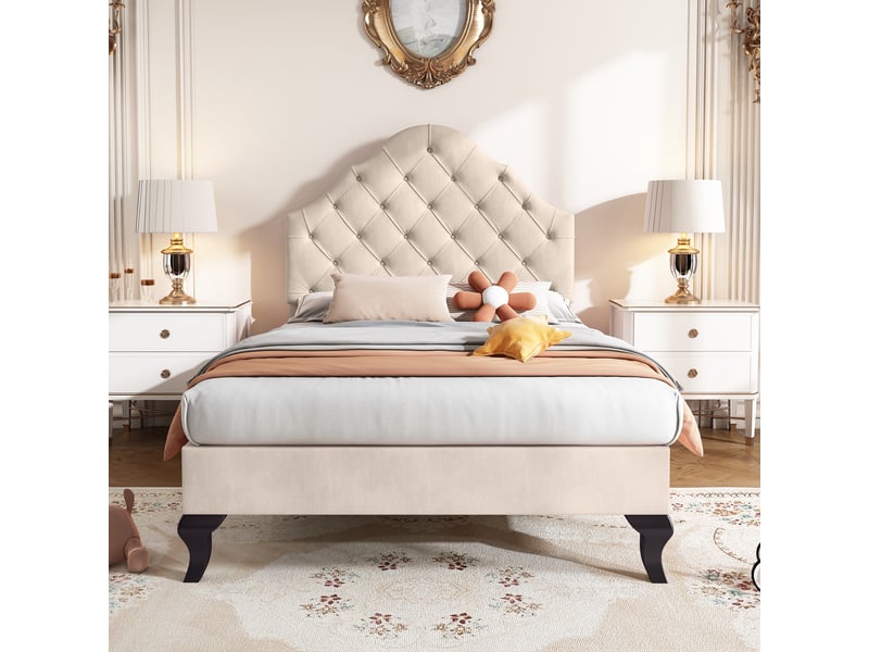  Lit simple 90x200 cm avec sommier à lattes bois, lit adulte, rembourré velours beige, tête de lit réglable en hauteur  - Conforama R