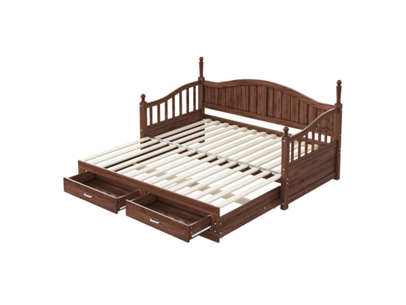  Lit gigogne 90x190 cm, lit enfant avec dossier, accoudoirs, tiroirs et sommier à lattes, en bois, couleur noyer, sans matelas  - Conforama E
