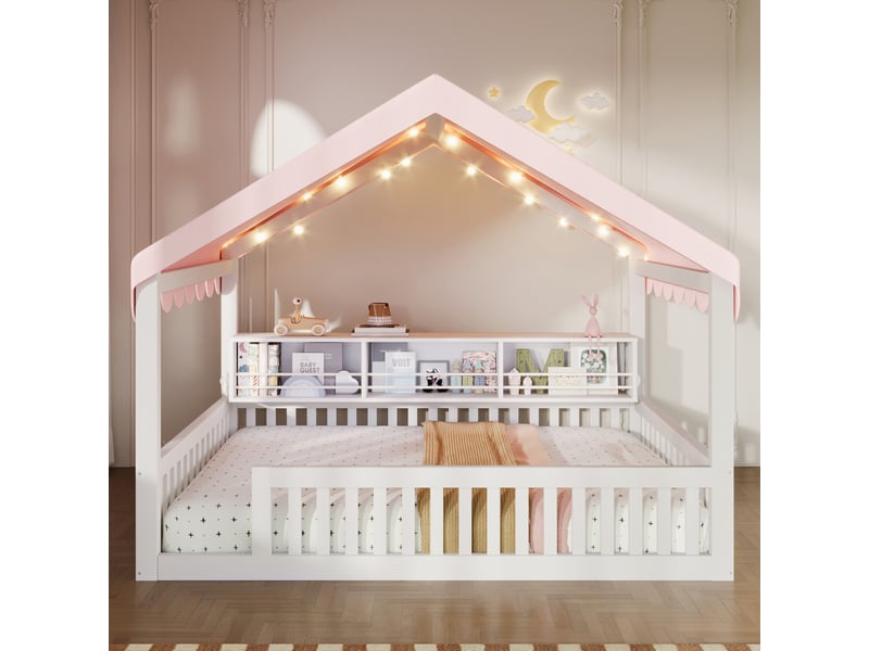 Lit au sol enfant 140x200 cm, lit à baldaquin avec guirlande led, bibliothèque et barrière de sécurité, structure en bois,blanc ABC - Conforama B