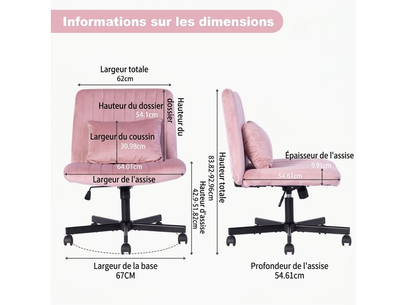  Chaise de bureau en tissu, fauteuil de bureau sans accoudoirs ergonomique, rose clair  - Conforama D