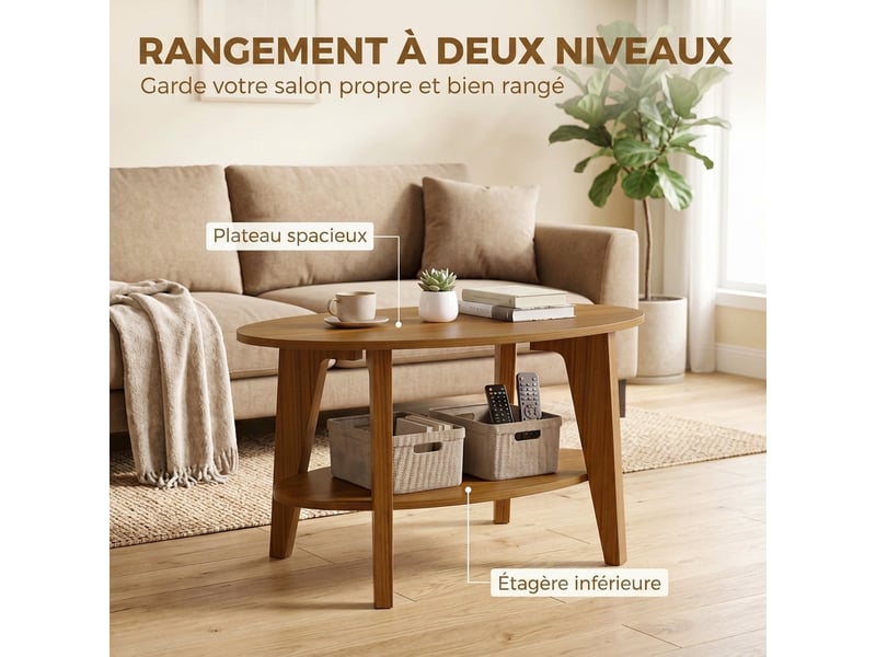  Table basse ovale à 2 niveaux, table de salon moderne avec étagère inférieure ouverte, 80 x 50 x 45 cm, chêne  - Conforama R