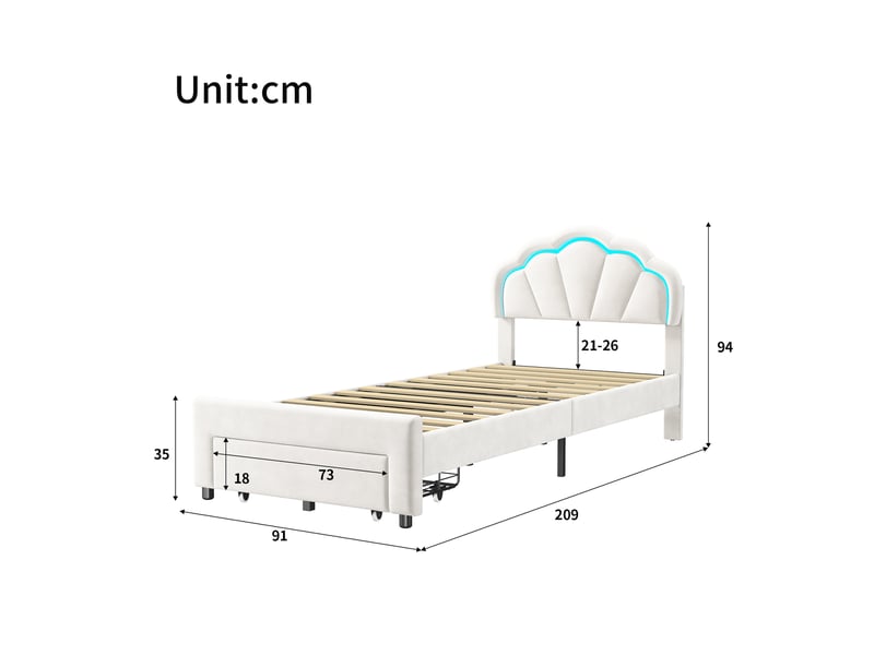  Lit jeune fille 90x200 cm, cadre de lit rembourré velours, tête de lit réglable, éclairage led rgb, tiroirs de rangement sous lit, lit simple pour chambre enfant  - Conforama E