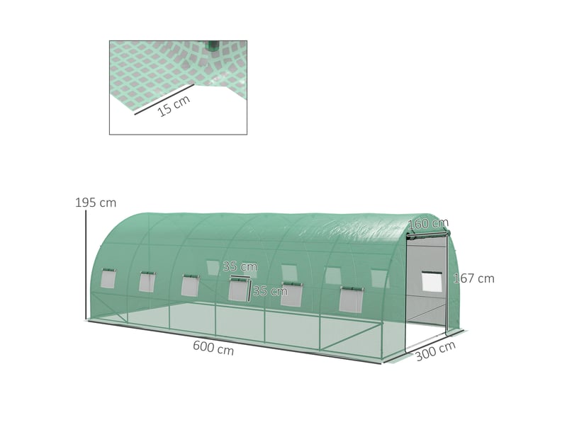  Serre tunnel 6x3x2 m avec système d'irrigation intégré, 12 fenêtres grillagées et 1 porte roulante verte  - Conforama E