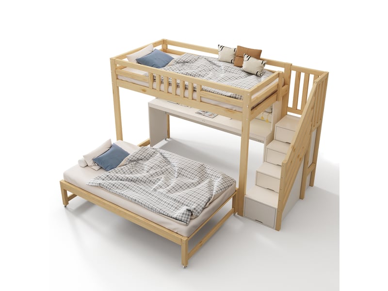  Lit superposé 90 x 200 + 90 x 190, avec lit gigogne, bureau, armoire sous l'escalier et étagère, blanc et couleur chêne  - Conforama A