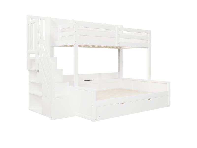 Lit superposé 90x200+140x200 cm avec lit gigogne, rangement et usb blanc, sans matelas - Conforama E