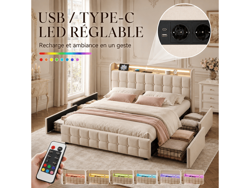  Lit adulte 160x200 avec 4 tiroirs - charge usb et led intégré - lit double avec sommier à lattes  et tête de lit capitonné - lit coffre rembourré avec rangement - cadre de lit - structure de lit ado - 2 personnesplaces - tissu e…  - Conforama B