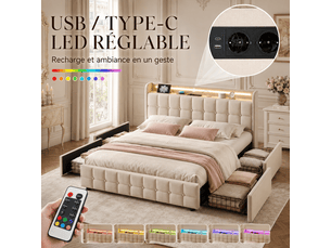 Lit adulte 160x200 avec 4 tiroirs - charge usb et led intégré - lit double avec sommier à lattes et tête de lit capitonné - lit coffre rembourré avec rangement - cadre de lit - structure de lit ado - 2 personnesplaces - tissu en lin -beige-sans matelas