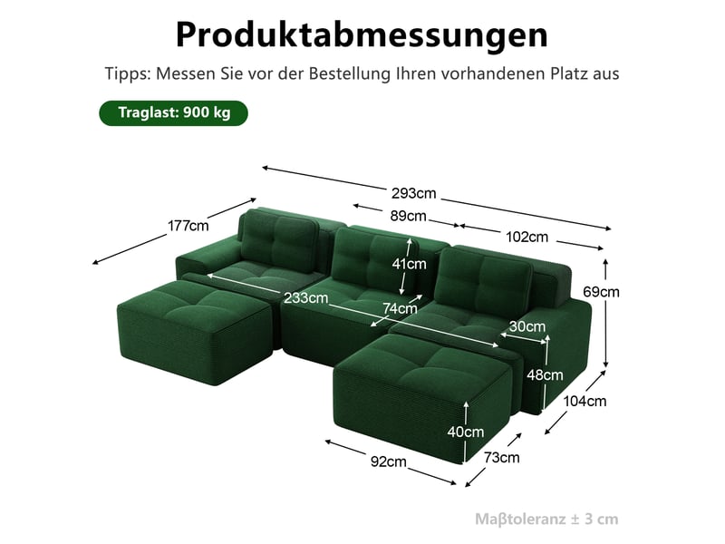  Canapé modulaire en u 3 places avec ottomans, sans montage, velours côtelé vert, 293 × 177 × 69 cm  - Conforama E