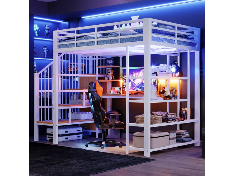  Lit mezzanine 140x200 cm, lit enfant, bureau, panneau perforé, étagères, barrière antichute, led, bois et métal blanc  - Conforama A