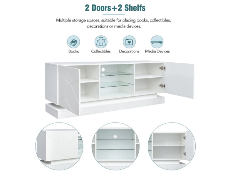  Meuble tv blanc givré 1,6 étagère en verre réglable, 70 pouces d'espace, armoire tv rangement élégant avec charnières silencieuses  - Conforama E