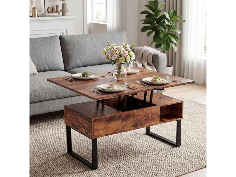  Table basse réglable en hauteur, table de salon multifonctionnelle 3 en 1 avec 2 tiroirs et rangement dissimulé (marron rétro)  - Conforama B