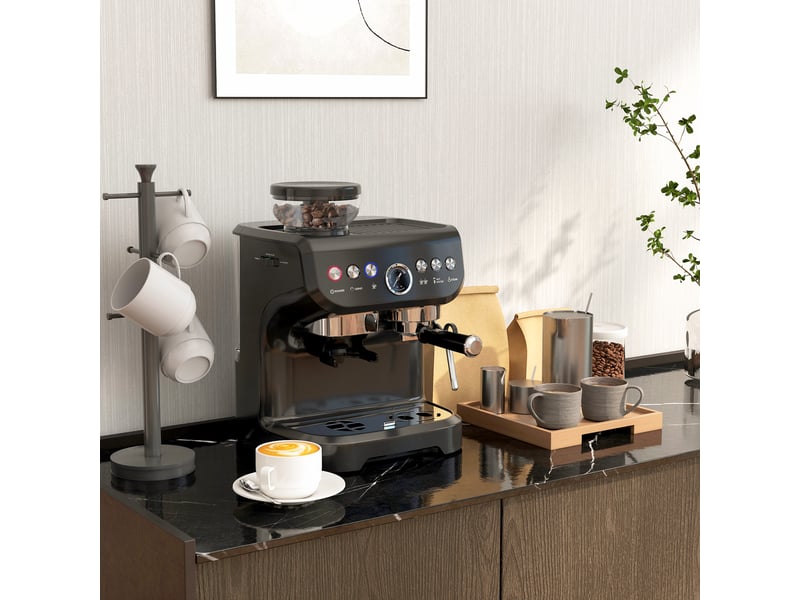  Machine à expresso 1600w avec moulin à grains, buse vapeur, pompe italienne 15 bars, réservoir d'eau 2 l, noir  - Conforama B