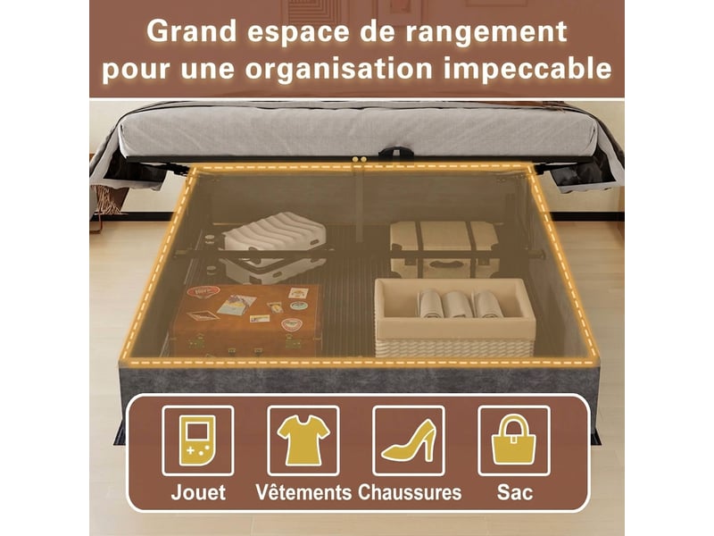  Cadre de lit 160x200 double gris en velours avec mécanisme de levage à gaz - structure robuste  - Conforama D
