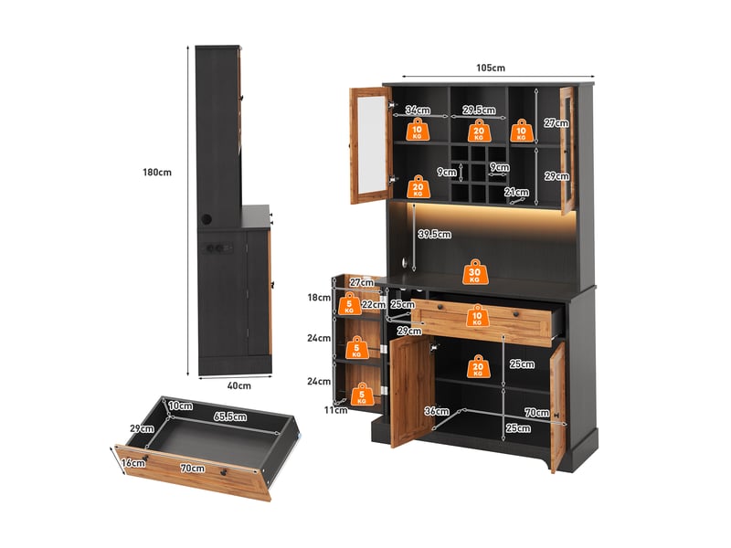 Vitrine de cuisine haute avec led et prise, armoire avec range-épices et étagères réglables, buffet vaisselier, 180 × 105 × 40 cm, naturel, moderne CARDUME ESTIVAL - Conforama C