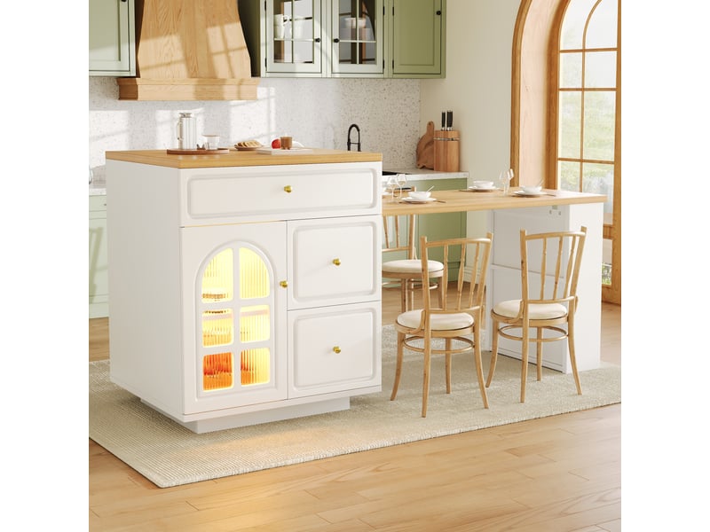 Îlot polyvalent pour cuisine extensible avec vitrine en verre et éclairage led rgb, longueur réglable 122,5-195,5 cm, couleur blanche. - Conforama W