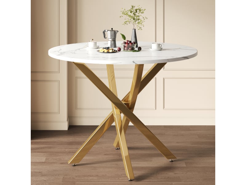 Table ronde 80 cm – plateau marbre blanc, pieds dorés, table à manger ou d'appoint, style moderne or et blanc - Conforama D