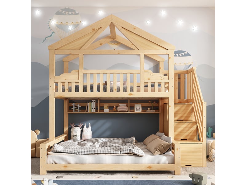  Lit superposé 90x200cm + 140x200cm - conception de maison - avec garde-corps et escalier de rangement - bois massif + mdf - naturel (sans matelas)  - Conforama B