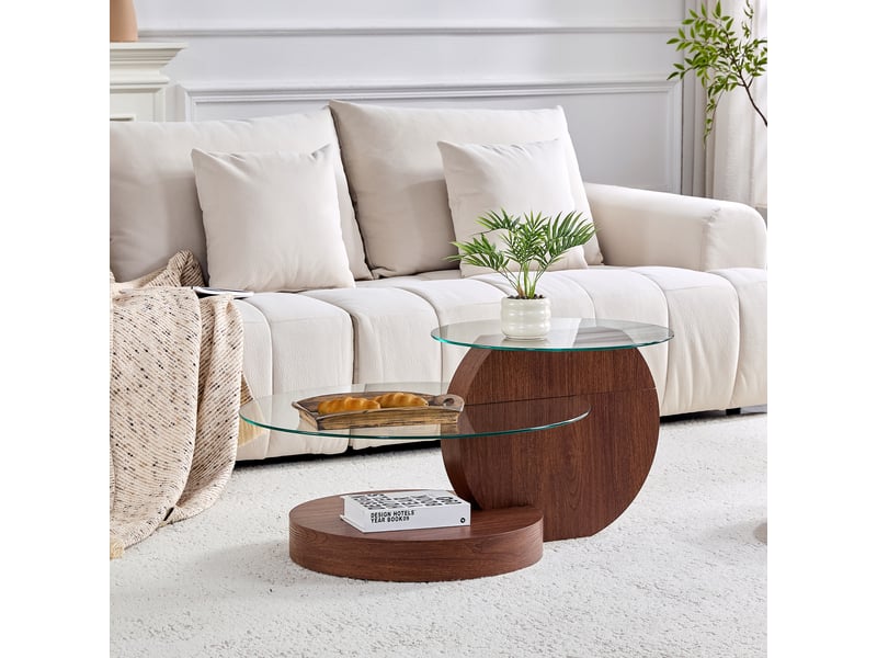  Table basse avec 2 plateaux en verre securise, structure en mdf, finition noyer, design minimaliste, transparent - uvrion  - Conforama C