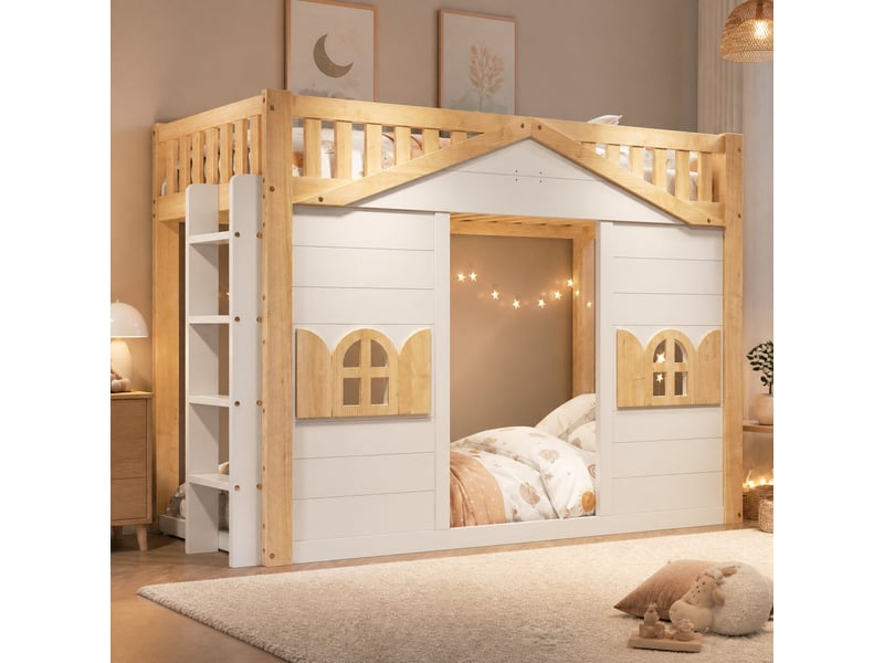  Lit mezzanine enfant simple 90×200 cm, fenêtre et échelle réversible - okmyhome- pin et mdf, blanc, sans matelas  - Conforama C