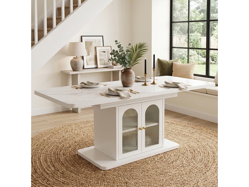 Table à manger extensible 150-200x80x76 cm pour 6-8 personnes avec rangement, plateau épais et led, style scandinave, mdf, blanc effet marbre - Conforama E