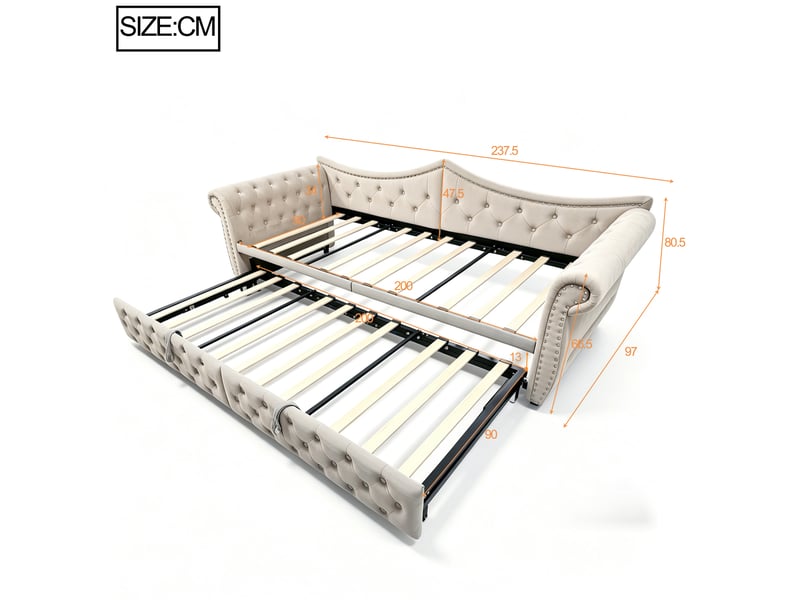 Canapé-lit rembourré 90 x 200 cm – avec port de charge usb – avec éclairage led – avec lit gigogne – beige (matelas non inclus) - Conforama C