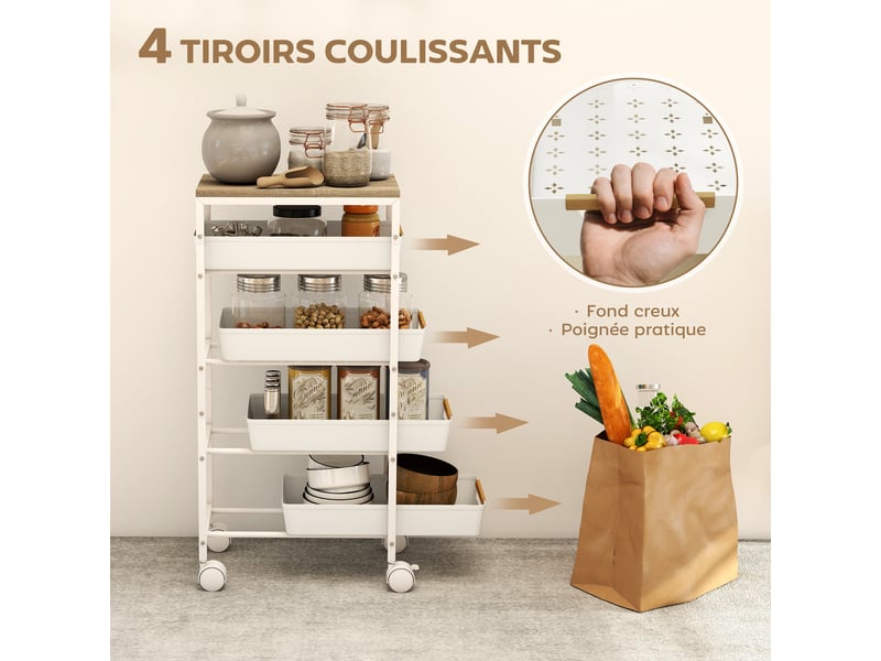  Desserte de cuisine à roulettes 5 niveaux 4 tiroirs métal blanc 39,5 x 24 x 82 cm  - Conforama D