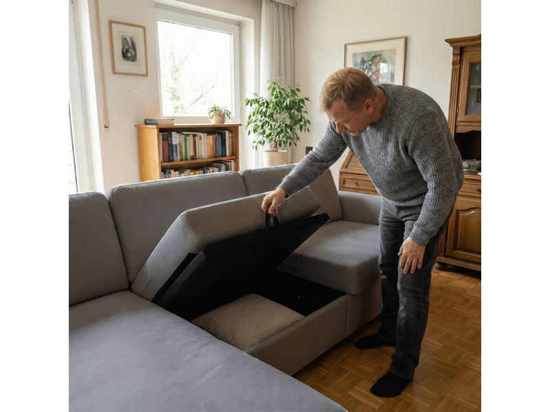 Canapé d'angle avec rangement 4 places gris - méridienne réversible, 245,5 cm, assise moelleuse - Conforama R