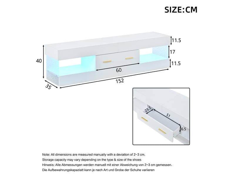  Meuble tv led 152x35x40 cm - meuble bas avec rangement ouvert et tiroirs, plateau en verre acrylique, design moderne - blanc  - Conforama C