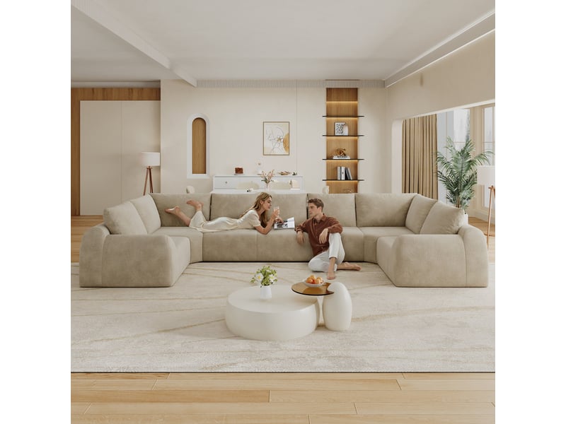 Canapé d’angle 7 places en forme u, canapé à compression de mousse, sans montage, chenille, kaki, 411x200x85 cm - Conforama D