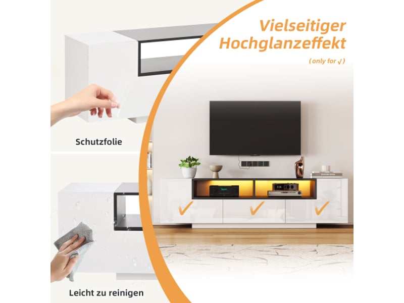  Vuenor meuble tv 180 x 40 x 48 cm blanc brillant et noir avec led et rangement  - Conforama C