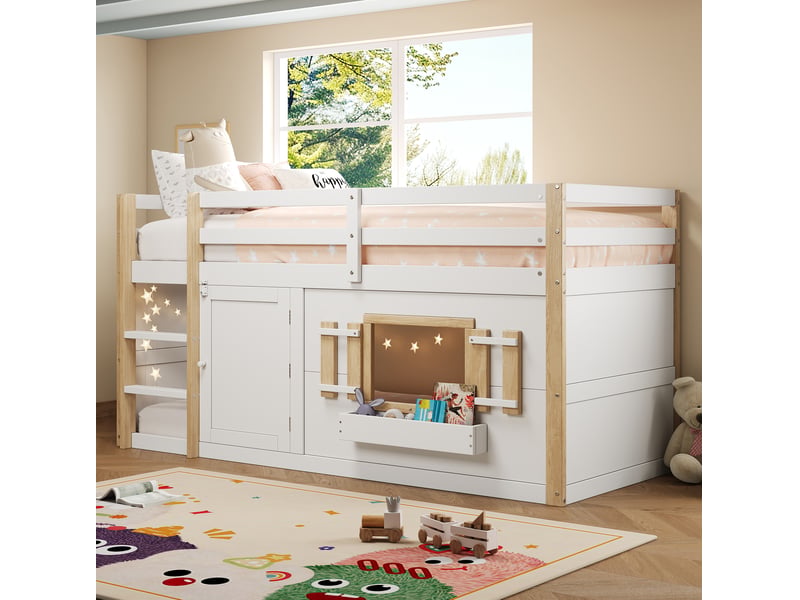  Lit enfant en mezzanine, 90x200 cm, échelle, couchage en hauteur, pour chambre, matelas non inclus, bois, coloris blanc  - Conforama B