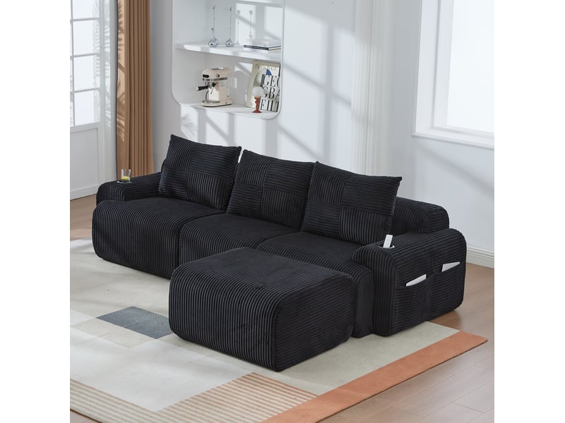  Canapé d'angle modulable 3 places en velours côtelé noir avec porte-gobelet et poche latérale pratique  - Conforama E