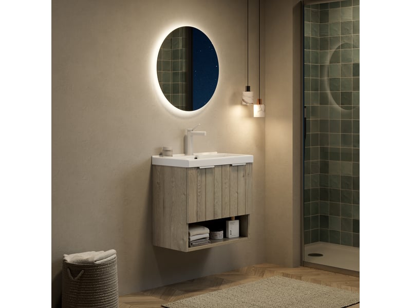 Meuble sous vasque mural avec 2 portes et étagère ouverte, vasque en céramique, salle de bain, 62×39×61 cm - Conforama C
