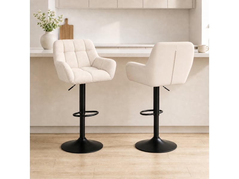  Ensemble de 2 tabourets de bar, style rétro, hauteur réglable, similicuir aspect lin, crème et noir  - Conforama C